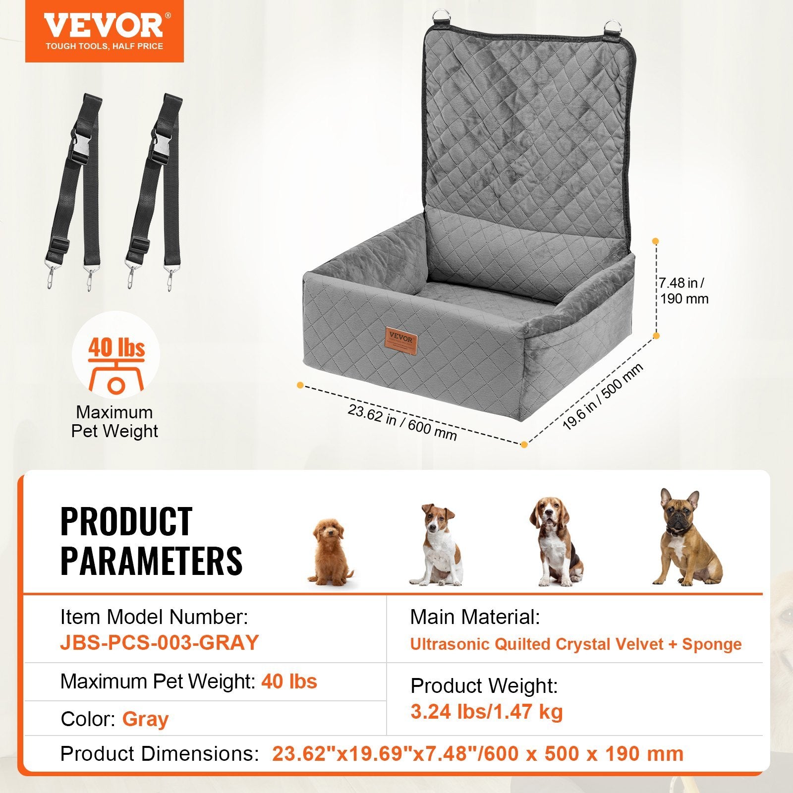 VEVOR Dog Booster Car Seat Pet Car Seat For Small Medium Dog Up To 40 Lbs Gray